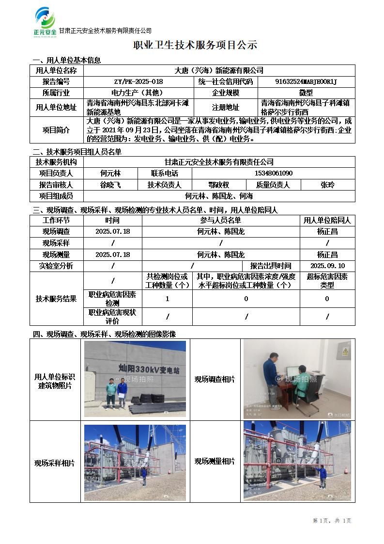 大唐海南州兴海县大基地50万千瓦光伏建设项目1号330kV升压站工程职业病危害控制效果评价_01.jpg